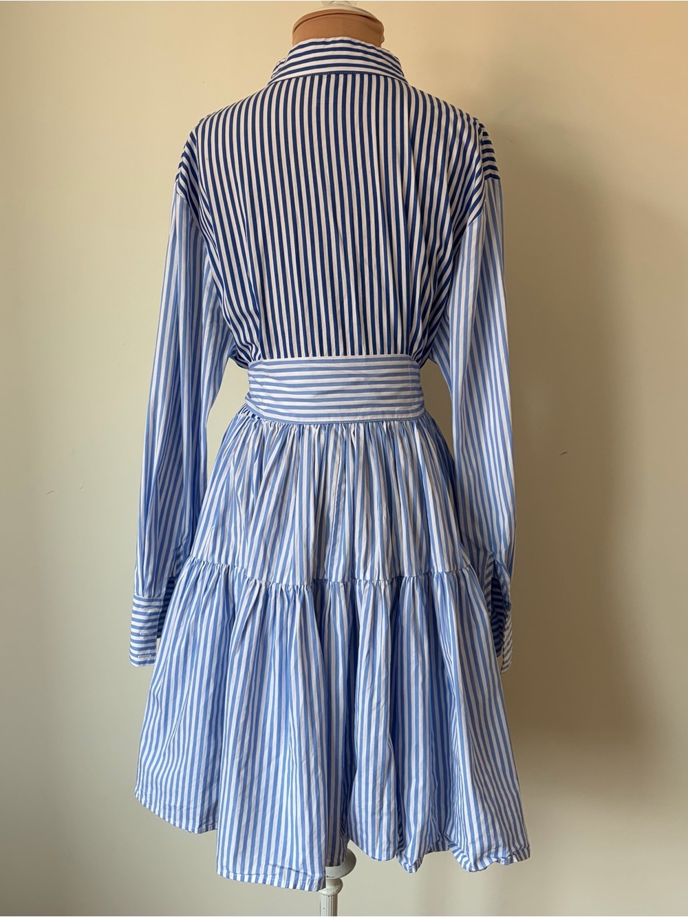 Bohemian Traders Pinstripe Long Sleeve A-Line Waist Tie Blue White Mini Dress M - Picture 2 of 12